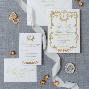 White Suede Gold Foil Wedding Invitation/ Luxury Wedding Invitation/White and Gold Invitation/ Elegant Invitation/ Gold Foil Stamp image 1