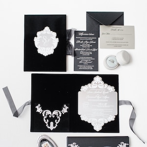 Black Suede Folio/ silver Mirror Acrylic/ Black Suede / Luxury Invitations/ Silver Foil Stamp