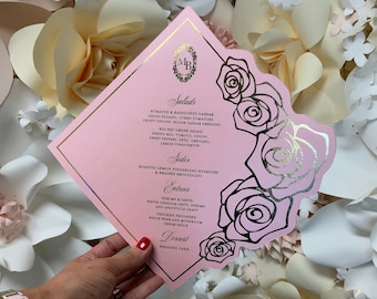 Pink & Gold Foil Roses Menu | Die-Cut Luxury Wedding Menu | Elegant Reception Table Decor