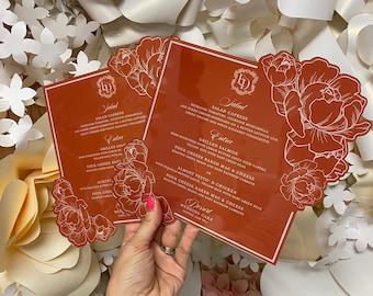 Acrylic Flower Menu/ White Ink/ Wedding Menu/
