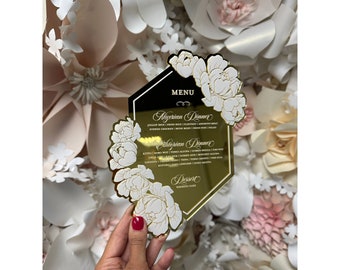 Gold Floral Acrylic Wedding Menu | Hexagon Table Decor