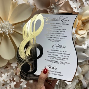 Musical Die Cut with Gold Foil Menu/ Music Note Shape Menu/ Reception Menu / Wedding Menu/ Die Cut/ Gold Foil/
