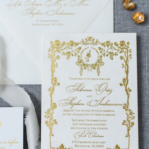 White Suede Gold Foil Wedding Invitation/ Luxury Wedding Invitation/White and Gold Invitation/ Elegant Invitation/ Gold Foil Stamp image 2