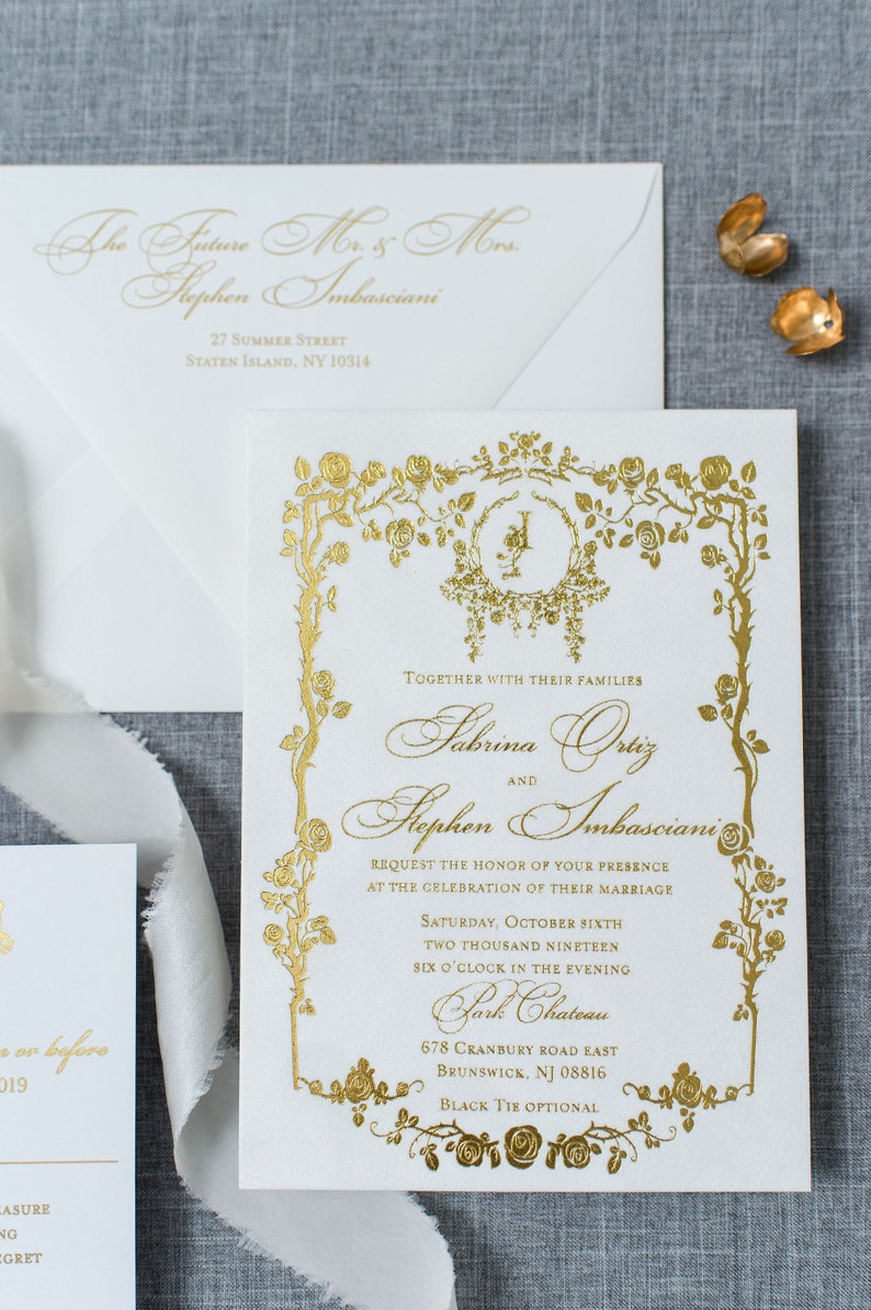 White Suede Gold Foil Wedding Invitation/ Luxury Wedding Invitation/White and Gold Invitation/ Elegant Invitation/ Gold Foil Stamp image 2