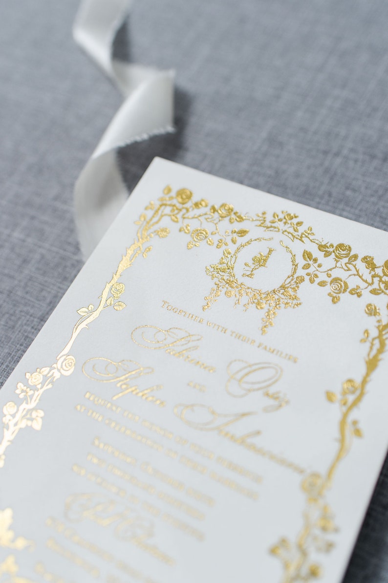 White Suede Gold Foil Wedding Invitation/ Luxury Wedding Invitation/White and Gold Invitation/ Elegant Invitation/ Gold Foil Stamp image 3