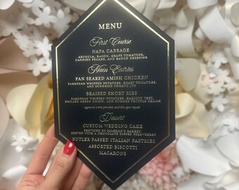 Black & Gold Foil Menu, Elegant Hexagonal Design