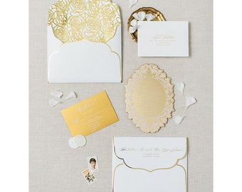 Gold Mirror Acrylic Invitation & Gold Roses Custom Envelope