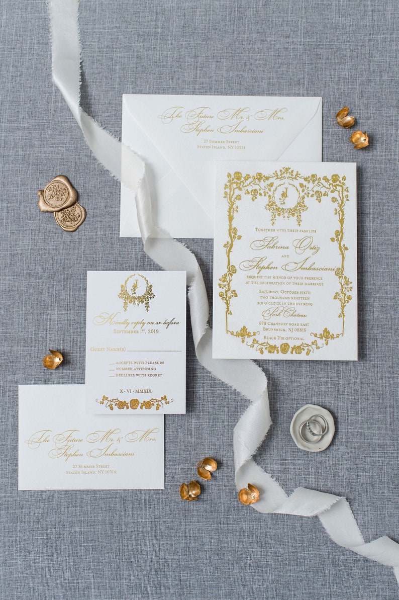 White Suede Gold Foil Wedding Invitation/ Luxury Wedding Invitation/White and Gold Invitation/ Elegant Invitation/ Gold Foil Stamp image 1