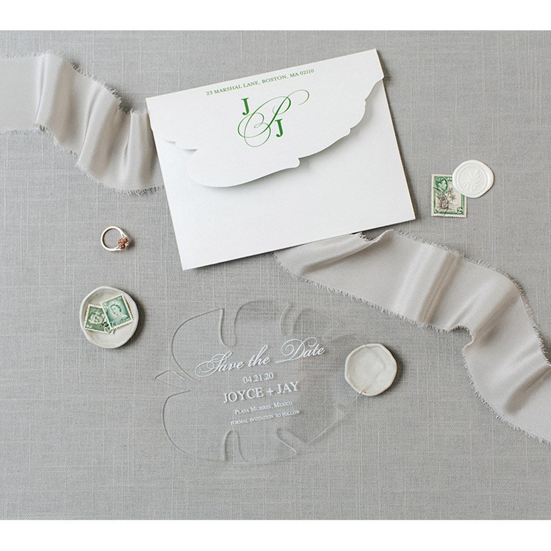 Palm Tree Leaf Clear Acrylic Save the Date/ Monstera Save the Date/ Destination Wedding Save the