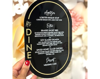 Black Oval Acrylic Wedding Menu – Modern Luxe Design