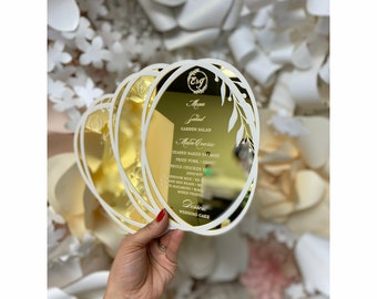Gold Mirror Acrylic Wedding Menu, Floral Oval Design