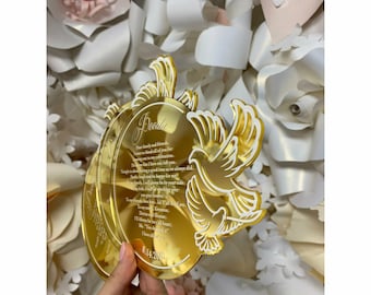 Gold Mirrored Acrylic Wedding Menu with Dove Accent