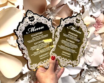 Gold Mirror Acrylic Wedding Menus, Elegant Reception Decor