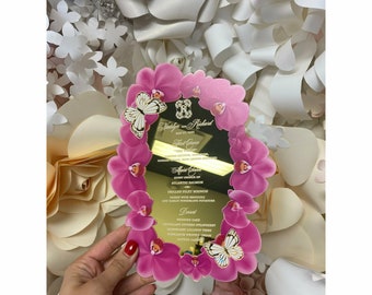 Floral Butterfly Fuchsia & Gold Mirror Acrylic Menu