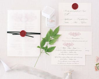 Vellum & wax seal invitation suite/ Custom wax seal/ Monogram invitation/ Wedding invitation card/ Anniversary invitation card/Leather tie