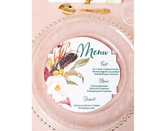 Boho Floral Wedding Menu, Round Watercolor Design