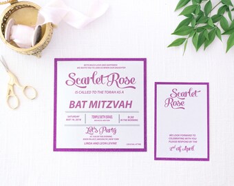 Fuchsia Glitter Bat Mitzvah Invitation Card