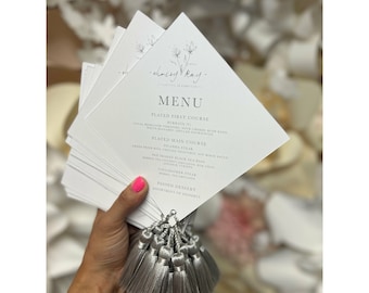 Elegant Wedding Menu, Gray Tassel, Customizable Colors