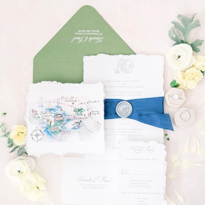 Watercolor Venue Map Wedding Invitation, Handmade Italian Deckle Edge Paper