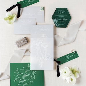 Vellum Invitation/Gray and green invitation/ Suede invitation