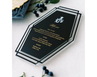 Black Geometric Acrylic Menu, Modern Elegant Design
