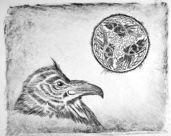 Original print - Raven Moon - drypoint, etching, original print, hand-pulled print, intaglio