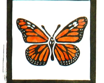 Maripos Reina (Monarch Butterfly) lino print,  relief print, original print, hand-pulled print, hand-colored print, intaglio, drypoint