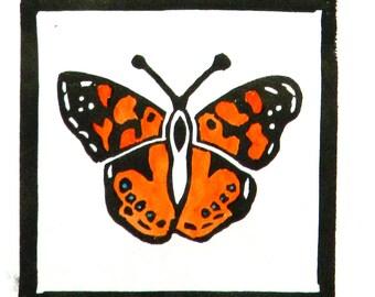 West Coast Lady butterfly lino print, relief print, original print, hand-pulled print, hand-colored print, drypoint