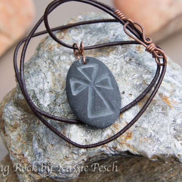 Natural Alaskan Sea Stone Necklace, Hand Carved Cross with Recyled Copper Finishings, Medium Stone, Unique