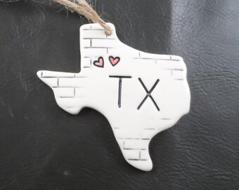 Handmade Ceramic Texas Ornament, Hearts, Lone Star State Decor