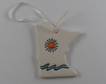 Handmade Minnesota Ceramic Ornament: Sun & Water Design