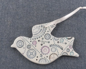 Steampunk Ceramic Dove Ornament with unique gear markings - handmade from Merging Story Pottery