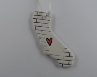 Handmade California Ceramic Ornament with Red Heart