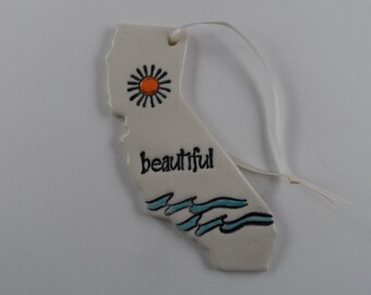 California Ceramic Ornament, Ocean Waves and Sun, State Souvenir