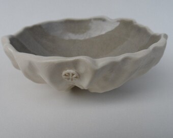 Handmade Ceramic Bowl, Satin Scalloped Pottery, Grey Interior