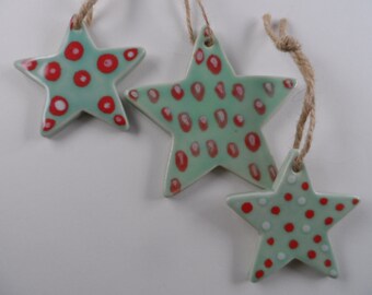 Handmade Ceramic Star Ornaments, Set of 3, Holiday Decor