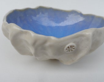 Handmade Scalloped Pottery Bowl, Shiny Blue Interior, 3.5 inch
