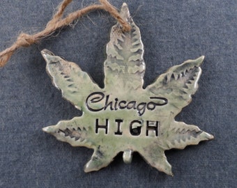 Chicago High cannabis hemp leaf ceramic ornament from Merging Story Pottery. Price includes shipping. Home accents, decor and living