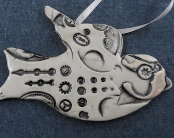 Steampunk Dove Ornament - Ceramic Pottery Peace Dove