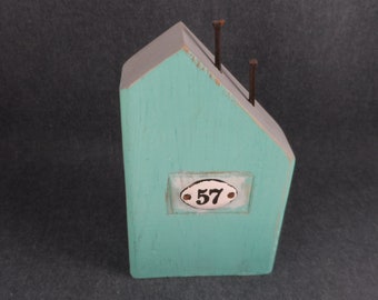 Teal Wooden House Decor – Mixed Media Sculpture with Number 57