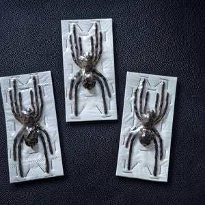 以下が含まれることがあります： 透明なプラスチックフィルムで固定され、それぞれ長方形の白い台紙に個別にマウントされた、3匹の茶色と黒の保存されたクモ。クモは垂直に配置され、8本の脚が白い台紙の上で外側に広がっています。