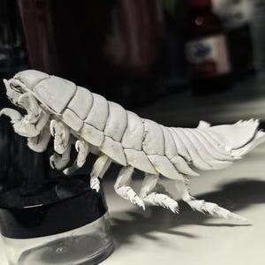 Puede incluir: Una escultura blanca detallada de un isópodo gigante, un crustáceo marino. El modelo tiene placas corporales segmentadas, múltiples patas y una cola. Está posicionado sobre un pequeño frasco transparente con tapa negra.