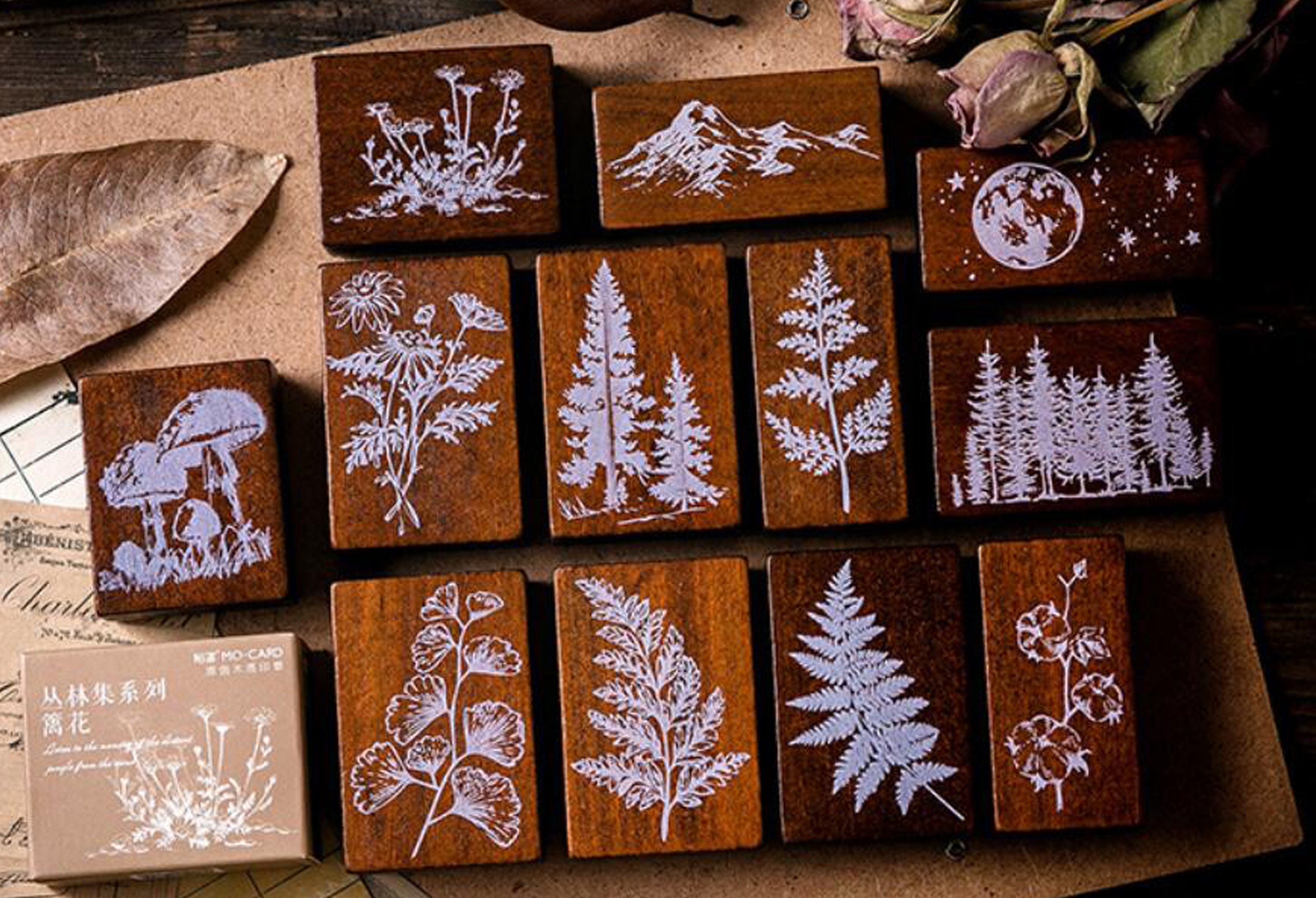 Forest Wooden rubber stamp Forest Plants and Leaves Etsy