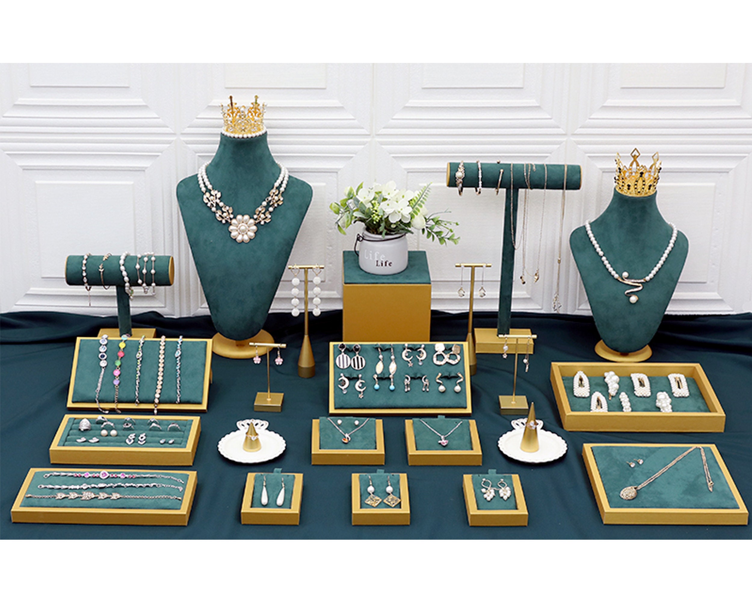 Verde 3 capas franela joyería organizador caja collares pendientes anillos  expositor soporte caso para mujeres gran capacidad con cerradura