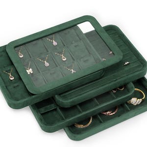 Pendant Trays With Lid, Necklace Display Trays, Green Jewelry Display, Velvet Jewelry Display   DS2396