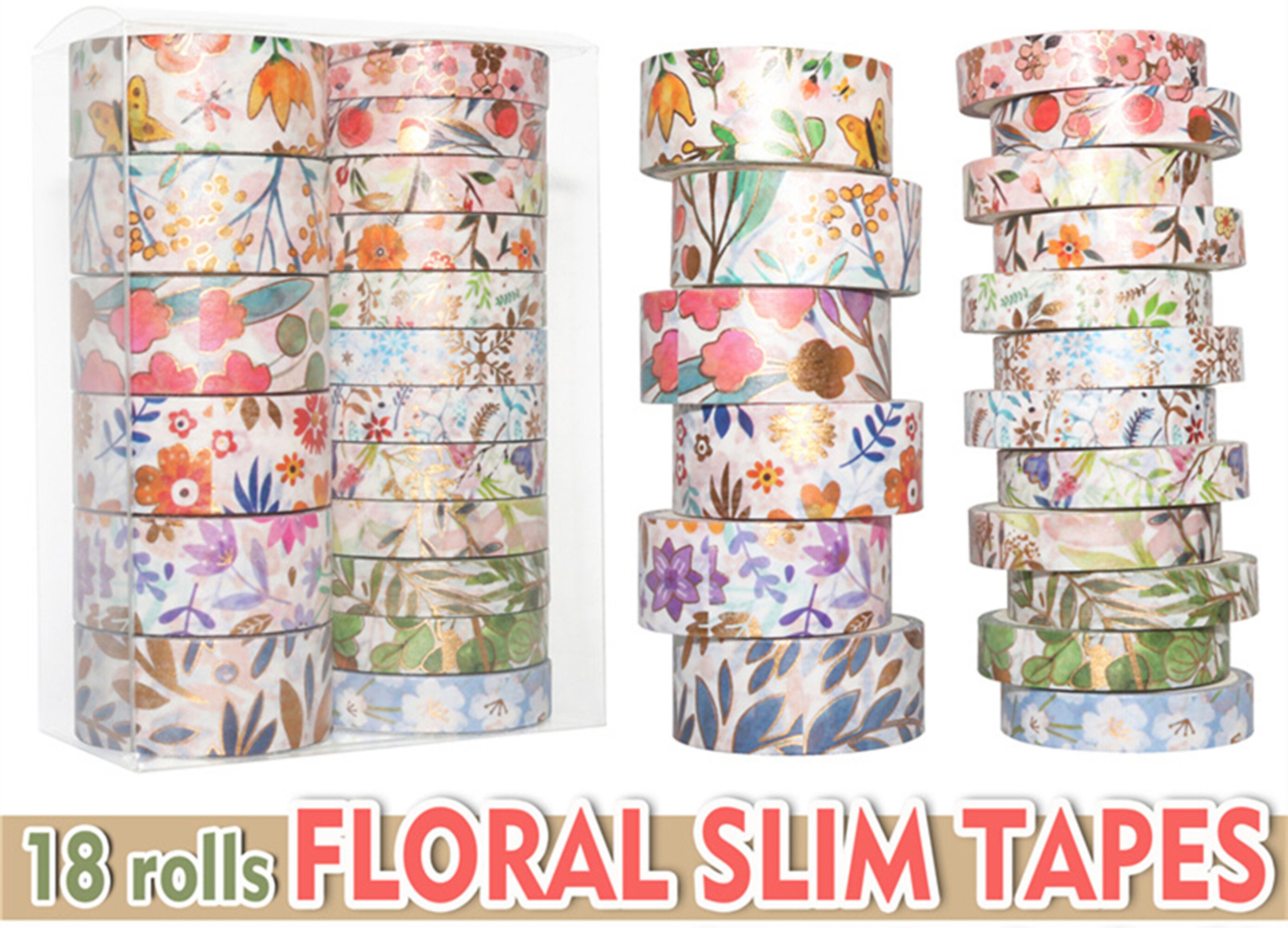 Set of 18 Floral Slim Washi Tape Flower Washi TapeFoil Gold Etsy