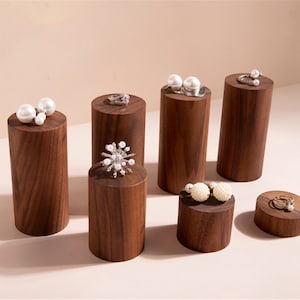 Walnut wood cylindrical jewelry display,  wooden jewelry organizer stand, ring stand holder  DS1126