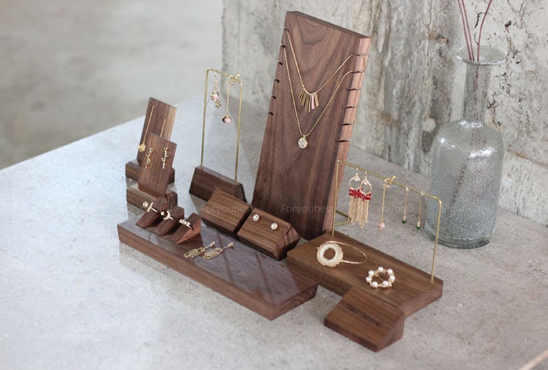 Walnut Wood Jewelry Display Set Wooden Jewelry Organizer Etsy