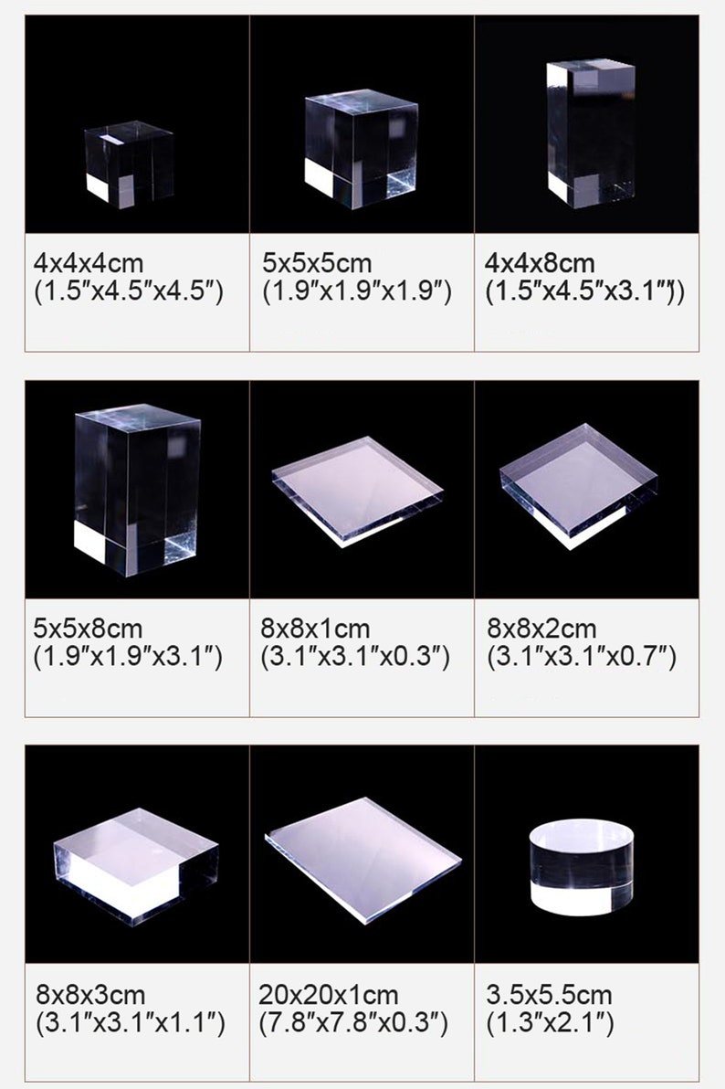 May include: A set of clear acrylic display blocks in various sizes, perfect for showcasing small items. The blocks range in size from 1.5 inches to 7.8 inches and are ideal for displaying jewelry, figurines, or other small objects.