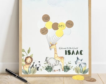 May include: A baby shower guest book with a jungle theme. The book features a giraffe, elephant, lion, and rhino holding balloons. The text "Welcome to the World ISAAC" is at the bottom of the page.